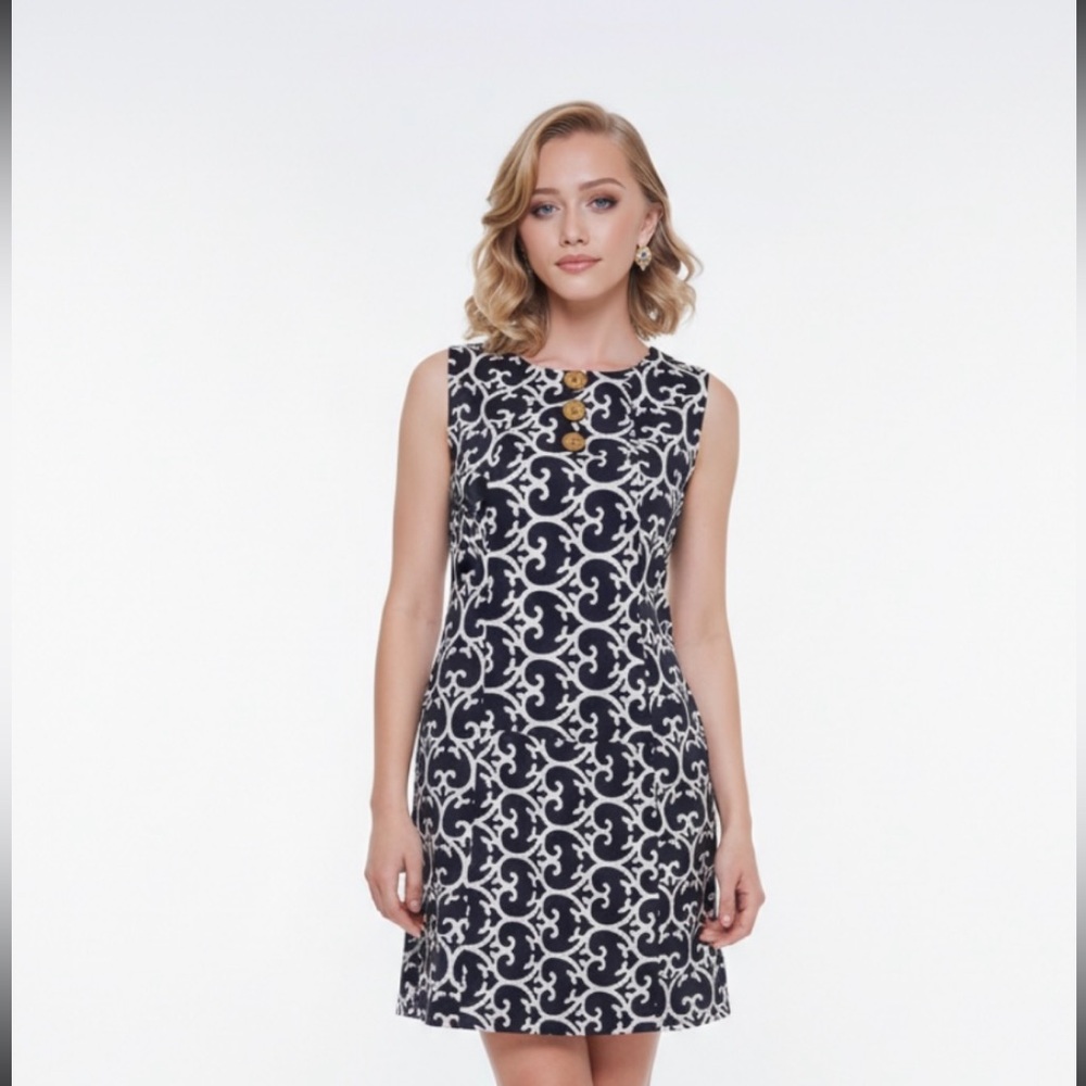 DIZZY LIZZY Dress Sleeveless Navy Blue White Geometric Mini Short Tunic Medium